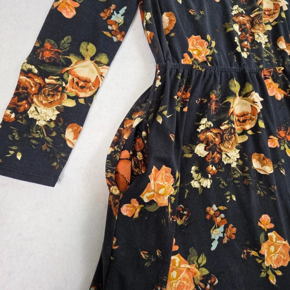 Reborn‎ J Women Large Midi Dress Black Floral Excellent Long Sleeve Pockets USA